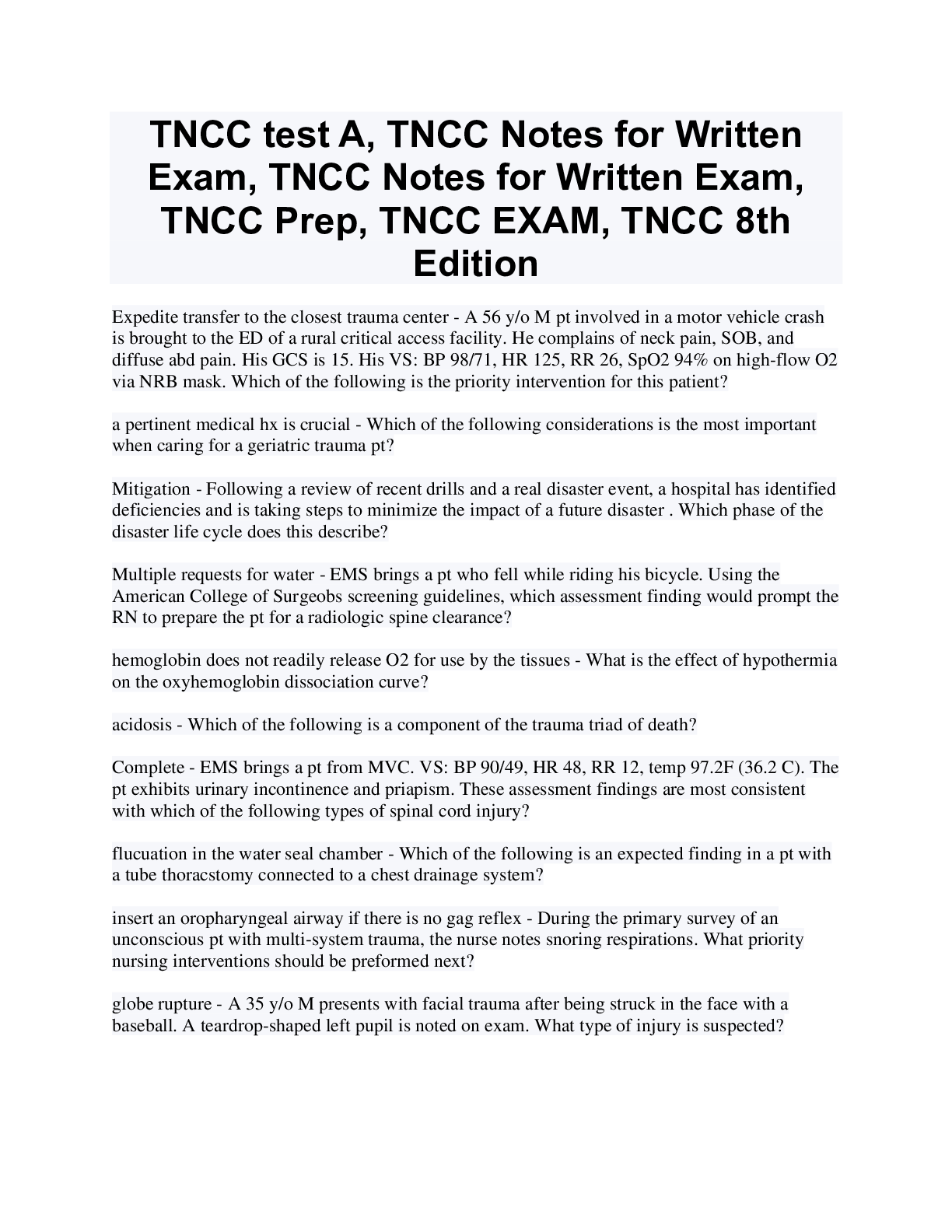 Preview image for TNCC test , TNCC Notes for Written Exam, TNCC Notes for Written Exam, TNCC Prep, TNCC EXAM, TNCC 8th Edition